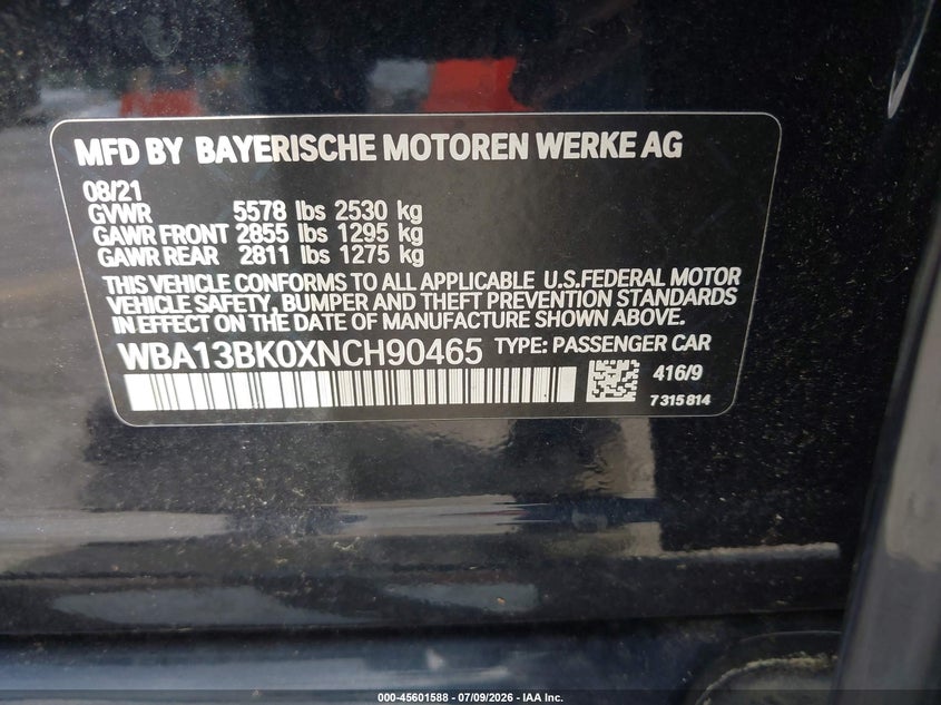 2022 BMW M550i xdrive VIN WBA13BK0XNCH90465 IAAI salvage auction — RIGHT FRONT, Original (West Virginia), sold $5,100 on 2026-07-15 (photo 9)