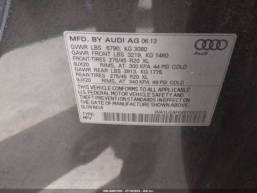 2014 Audi Q7 VIN WA1LGAFE6ED002525 IAAI salvage auction — REAR END, Original (Texas), sold $1,900 on 2026-07-31 (photo 9)