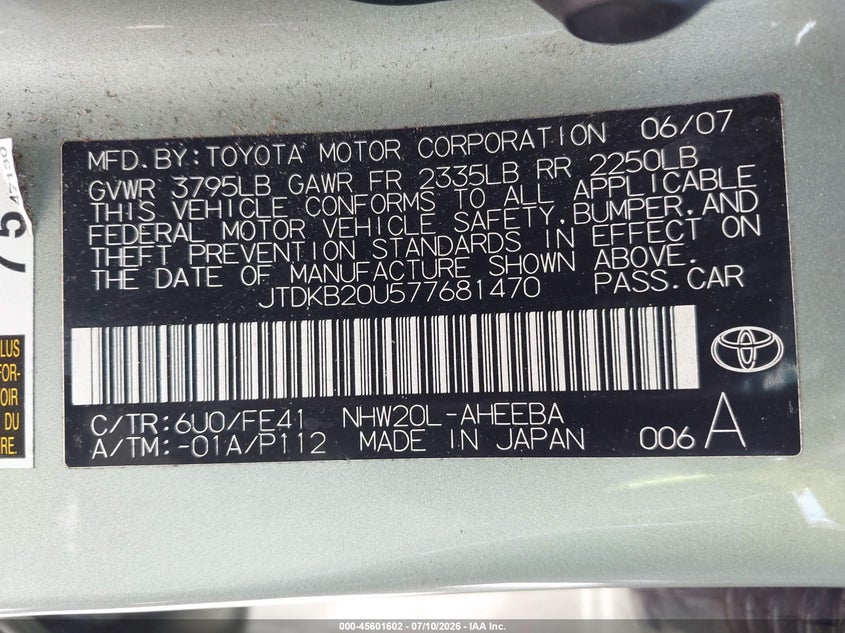 2007 Toyota Prius VIN JTDKB20U577681470 IAAI salvage auction — NORMAL WEAR, Clear - Dealer Only (California), sold $2,550 on 2026-07-22 (photo 9)