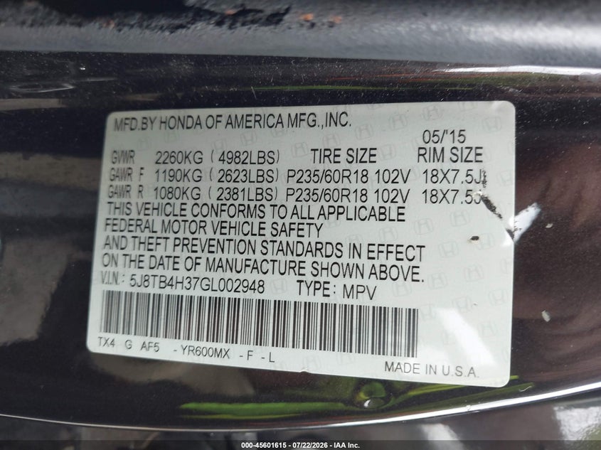 2016 Acura Rdx VIN 5J8TB4H37GL002948 IAAI salvage auction — SIDE, Salvage (Rhode Island), sold $0 on 2026-09-10 (photo 9)