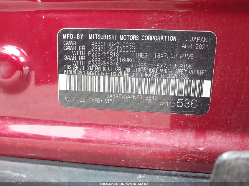 2022 Mitsubishi Eclipse cross VIN JA4ATVAA4NZ013542 IAAI salvage auction — FRONT END, Salvage Title, sold $350 on 2026-10-12 (photo 9)