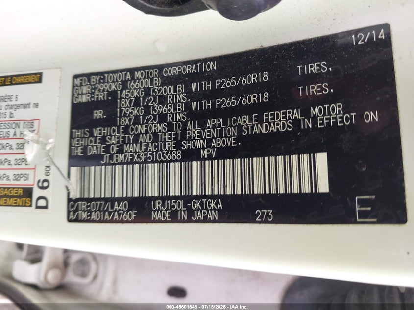 2015 Lexus Gx VIN JTJBM7FX3F5103688 IAAI salvage auction — FRONT END, Original (Texas), sold $14,100 on 2026-09-03 (photo 9)