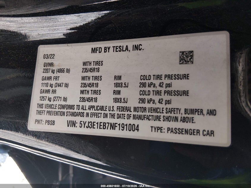 2022 Tesla Model 3 VIN 5YJ3E1EB7NF191004 IAAI salvage auction — NORMAL WEAR, Clear (Georgia), sold $2,600 on 2026-07-24 (photo 9)