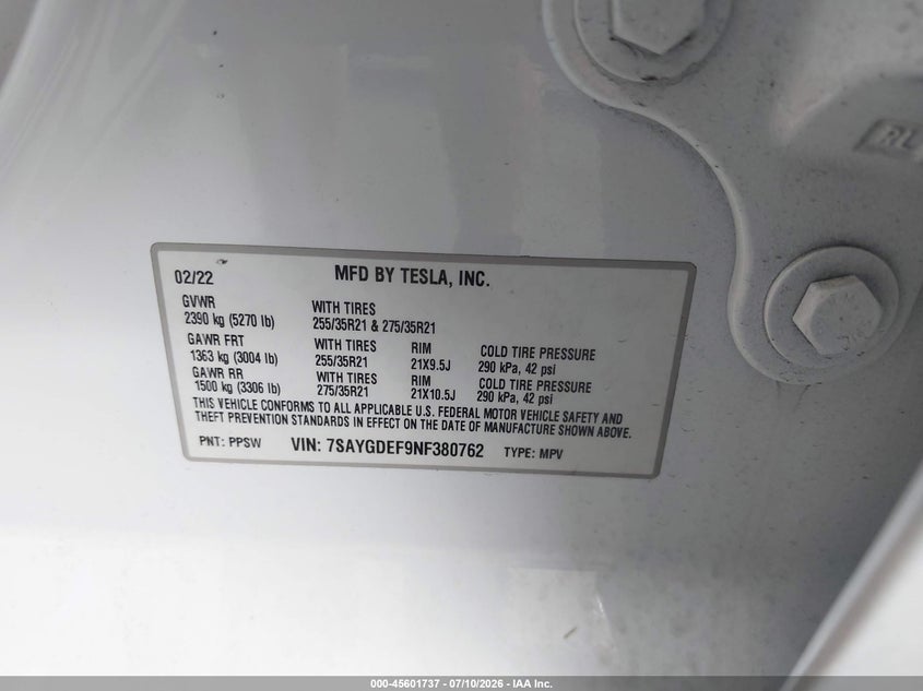 2022 Tesla Model y VIN 7SAYGDEF9NF380762 IAAI salvage auction — FRONT END, Salvage Title, sold $11,800 on 2026-09-11 (photo 9)