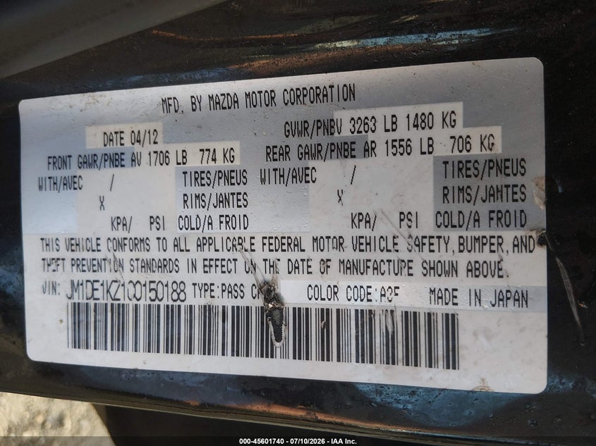 2012 Mazda 2 VIN JM1DE1KZ1C0150188 IAAI salvage auction — ROOF, Salvage (Pennsylvania), sold $475 on 2026-07-24 (photo 9)