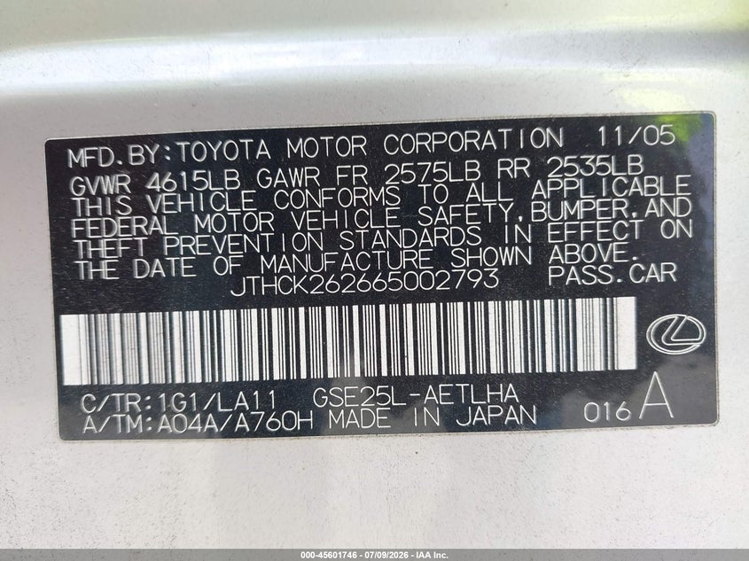 2006 Lexus Is 250 VIN JTHCK262665002793 IAAI salvage auction — NORMAL WEAR, Clear (Tennessee), sold $550 on 2026-07-16 (photo 9)