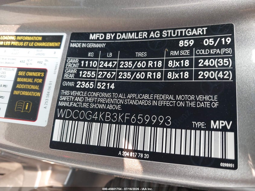 2019 Mercedes-benz Glc VIN WDC0G4KB3KF659993 IAAI salvage auction — FRONT END, Mv-907A (New York), sold $8,600 on 2026-07-28 (photo 9)