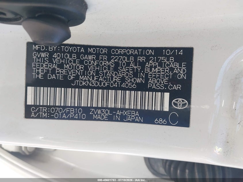 2015 Toyota Prius VIN JTDKN3DU0F0414056 IAAI salvage auction — REAR END, Salvage Title, sold $1,300 on 2026-07-29 (photo 9)