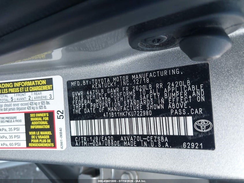 2019 Toyota Camry VIN 4T1B11HK7KU722980 IAAI salvage auction — SIDE, Salvage Certificate (California), sold $4,050 on 2026-07-19 (photo 9)