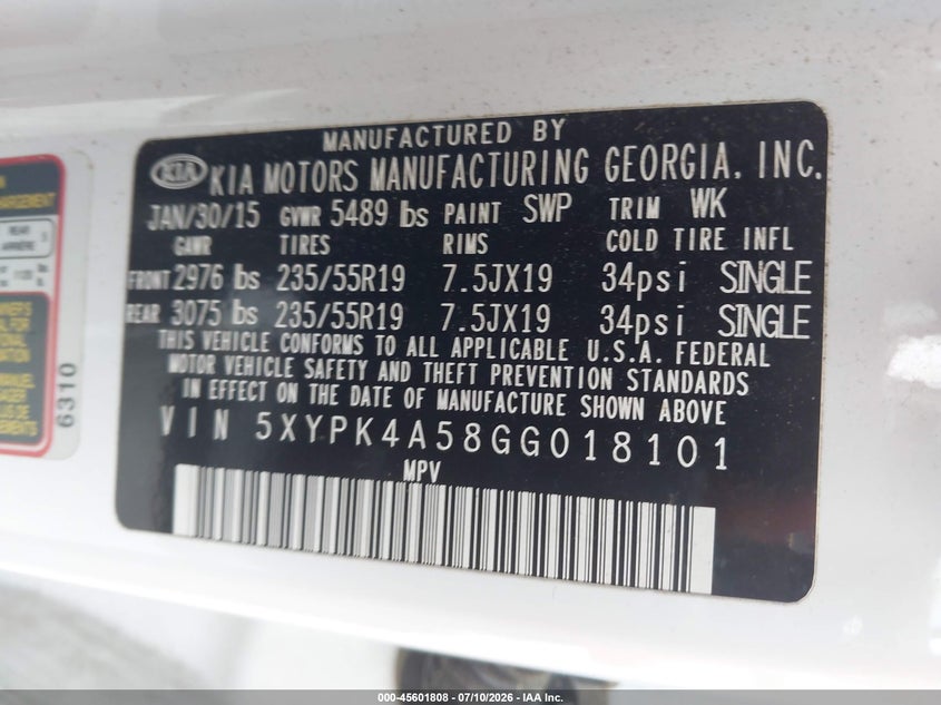 2016 Kia Sorento VIN 5XYPK4A58GG018101 IAAI salvage auction — NORMAL WEAR, Clear (Georgia), sold $2,350 on 2026-07-28 (photo 9)