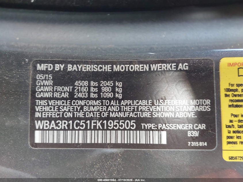 2015 BMW 4 series VIN WBA3R1C51FK195505 IAAI salvage auction — NORMAL WEAR, Original (Texas), sold $9,150 on 2026-07-29 (photo 9)