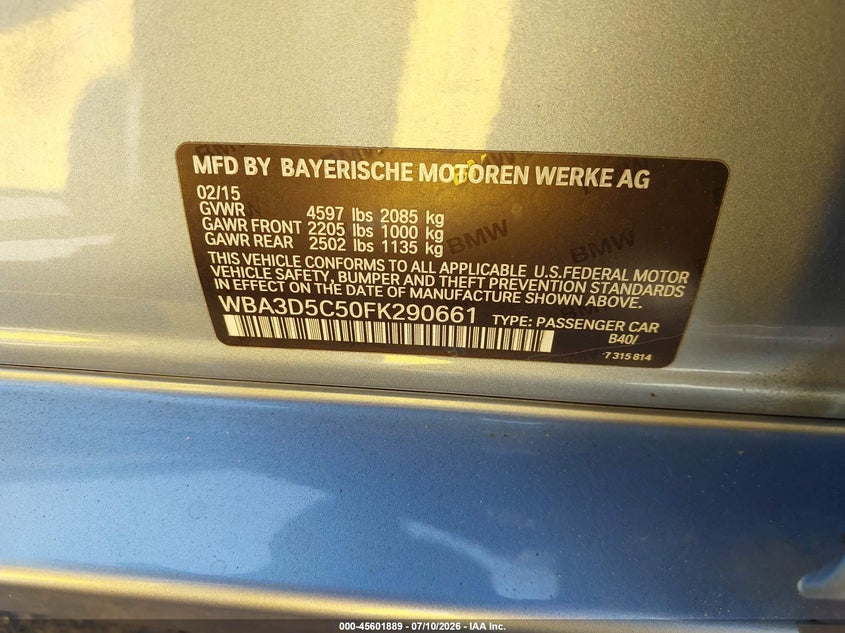 2015 BMW 3er VIN WBA3D5C50FK290661 IAAI salvage auction — LEFT REAR, Salvage Title, sold $4,300 on 2026-08-20 (photo 9)