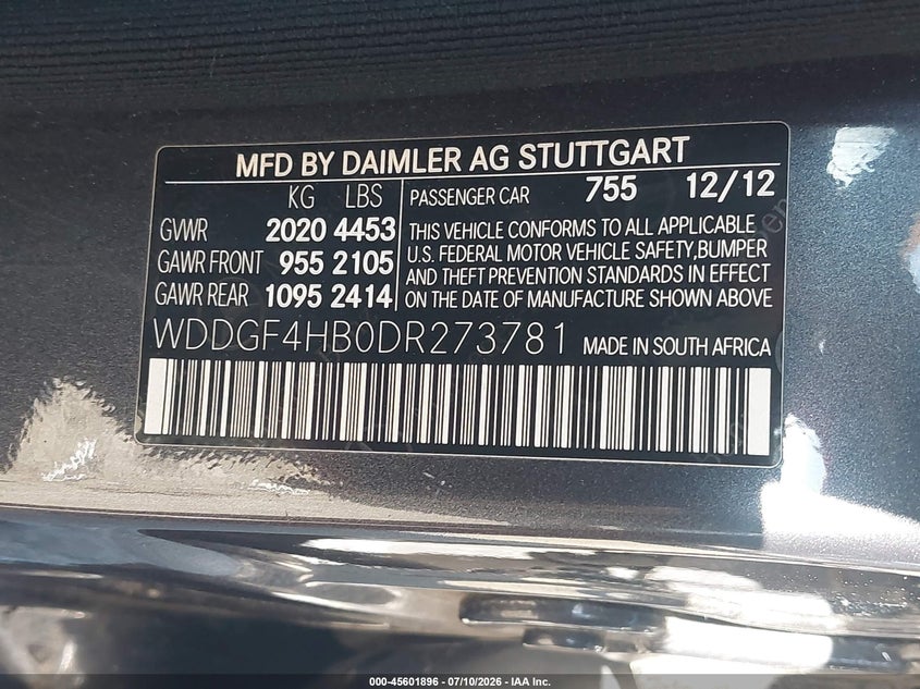 2013 Mercedes-benz C-klasse VIN WDDGF4HB0DR273781 IAAI salvage auction — NORMAL WEAR, Wait Title, sold $350 on 2026-08-12 (photo 9)