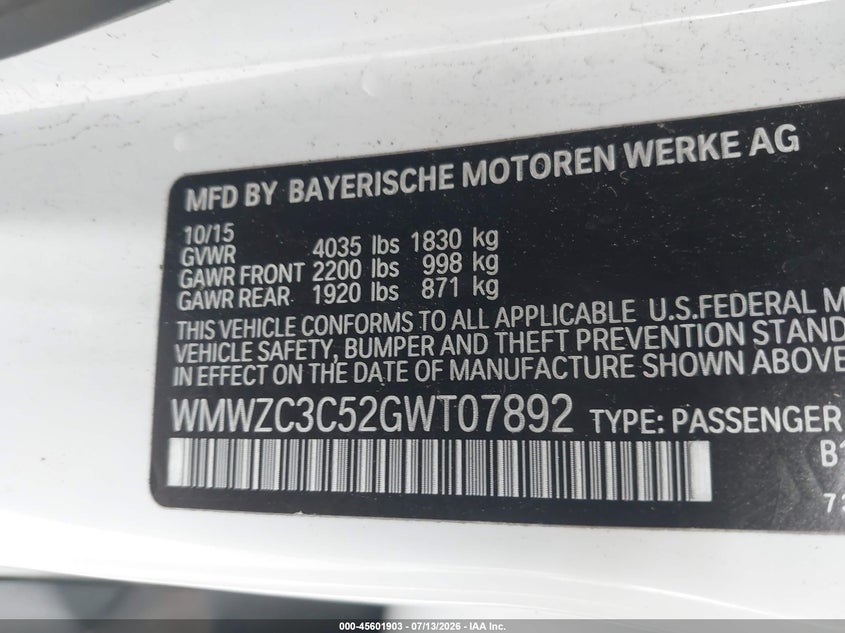 2016 Mini Countryman VIN WMWZC3C52GWT07892 IAAI salvage auction — NORMAL WEAR, Clear - Dealer Only (California), sold $1,650 on 2026-07-29 (photo 9)