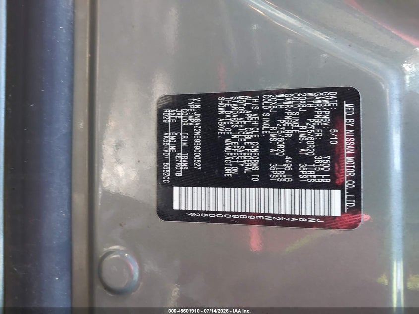 2011 Infiniti Qx56 VIN JN8AZ2NE9B9000527 IAAI salvage auction — NORMAL WEAR, Bill Of Sale, sold $1,050 on 2026-07-16 (photo 9)