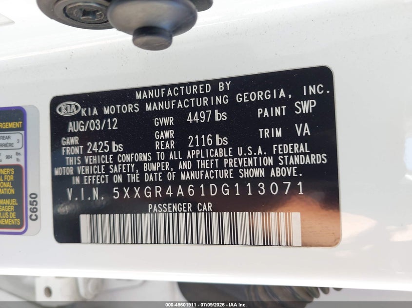 2013 Kia Optima VIN 5XXGR4A61DG113071 IAAI salvage auction — NORMAL WEAR, Salvage Title, sold $375 on 2026-07-28 (photo 9)