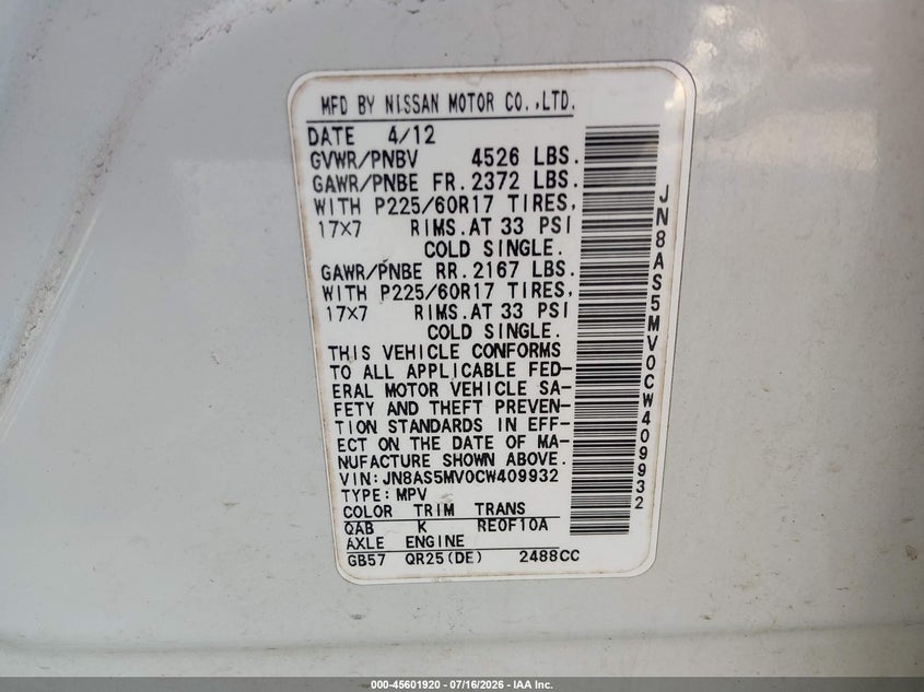 2012 Nissan Rogue VIN JN8AS5MV0CW409932 IAAI salvage auction — NORMAL WEAR, Salvage Title, sold $400 on 2026-07-29 (photo 9)
