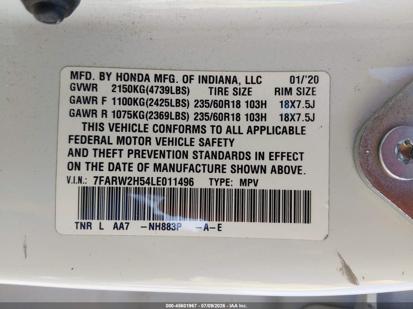 2020 Honda Cr-v VIN 7FARW2H54LE011496 IAAI salvage auction — REAR END, Salvage Title, sold $5,900 on 2026-07-28 (photo 9)