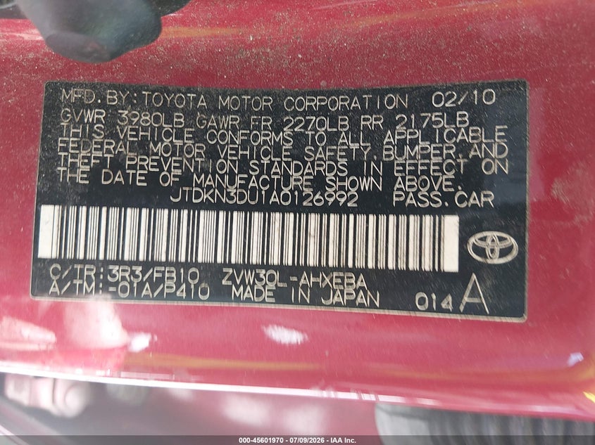 2010 Toyota Prius VIN JTDKN3DU1A0126992 IAAI salvage auction — NORMAL WEAR, Clear-Dealer Only (North Carolina), sold $500 on 2026-07-28 (photo 9)