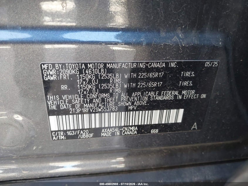 2025 Toyota Rav 4 VIN 2T3P1RFV2SW553783 IAAI salvage auction — HAIL, Salvage Title, sold $22,100 on 2026-07-31 (photo 9)
