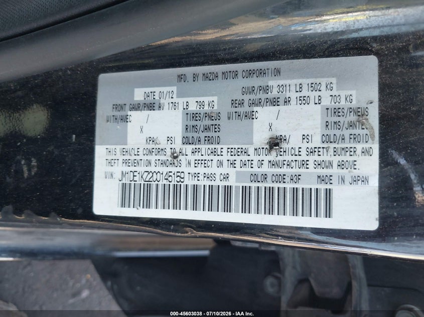 2012 Mazda 2 VIN JM1DE1KZ2C0145159 IAAI salvage auction — FRONT END, Salvage (Arizona), sold $25 on 2026-07-28 (photo 9)