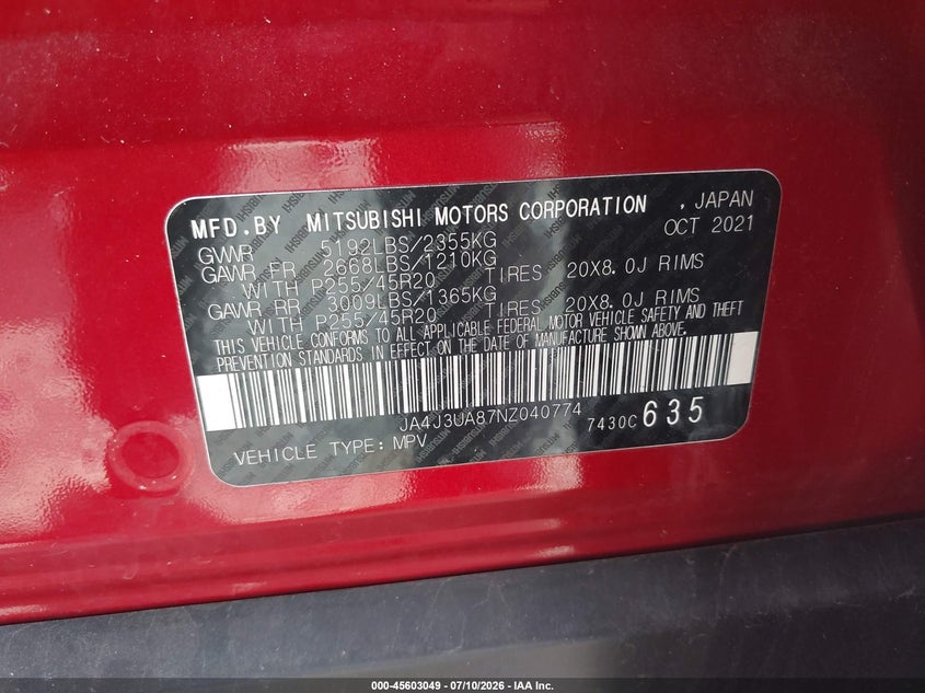 2022 Mitsubishi Outlander VIN JA4J3UA87NZ040774 IAAI salvage auction — UNDERCARRIAGE, Salvage Title, sold $7,850 on 2026-08-21 (photo 9)
