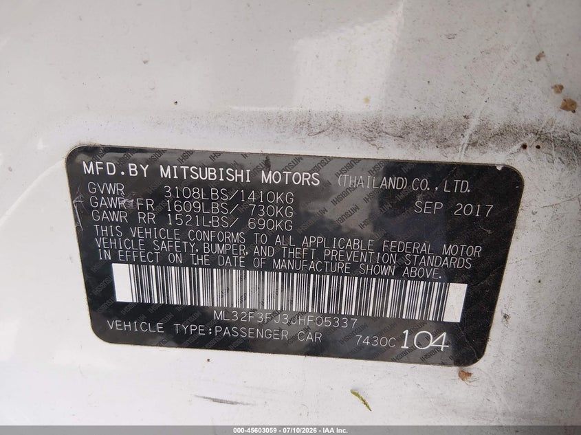 2018 Mitsubishi Mirage VIN ML32F3FJ3JHF05337 IAAI salvage auction — BIOHAZARD/CHEMICAL, Salvage Title, sold $325 on 2026-07-29 (photo 9)