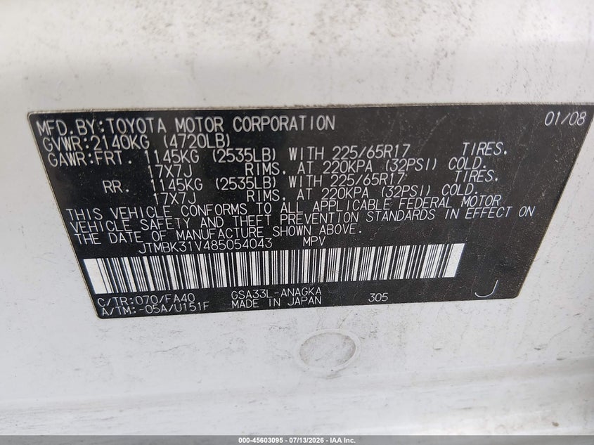 2008 Toyota Rav4 VIN JTMBK31V485054043 IAAI salvage auction — NORMAL WEAR, Original (New Hampshire), sold $50 on 2026-07-22 (photo 9)
