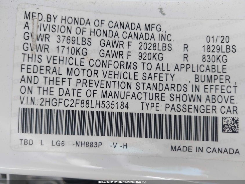 2020 Honda Civic VIN 2HGFC2F88LH535184 IAAI salvage auction — REAR END, Salvage (California), sold $6,200 on 2026-07-30 (photo 9)