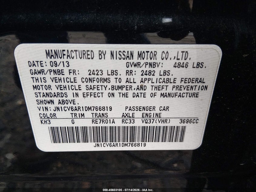 2013 Infiniti G VIN JN1CV6AR1DM766819 IAAI salvage auction — FRONT END, Salvage Title, sold $1,000 on 2026-07-31 (photo 9)