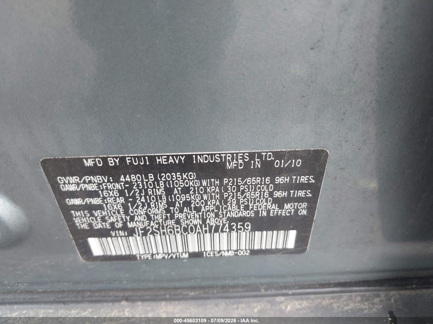 2010 Subaru Forester VIN JF2SH6BC0AH774359 IAAI salvage auction — NORMAL WEAR, Clear (Pennsylvania), sold $525 on 2026-07-24 (photo 9)