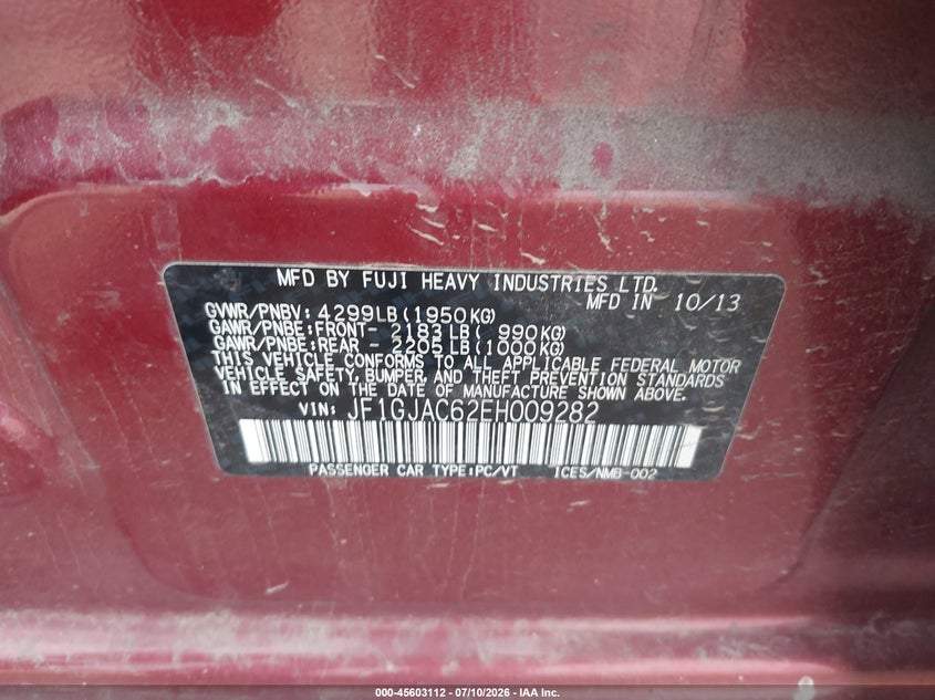 2014 Subaru Impreza VIN JF1GJAC62EH009282 IAAI salvage auction — NORMAL WEAR, Clear (Pennsylvania), sold $475 on 2026-07-24 (photo 9)
