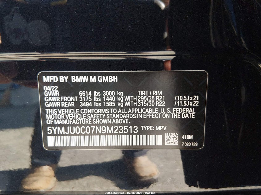 2022 BMW X5 VIN 5YMJU0C07N9M23513 IAAI salvage auction — FRONT END, Salvage (Connecticut), sold $27,250 on 2026-07-30 (photo 9)