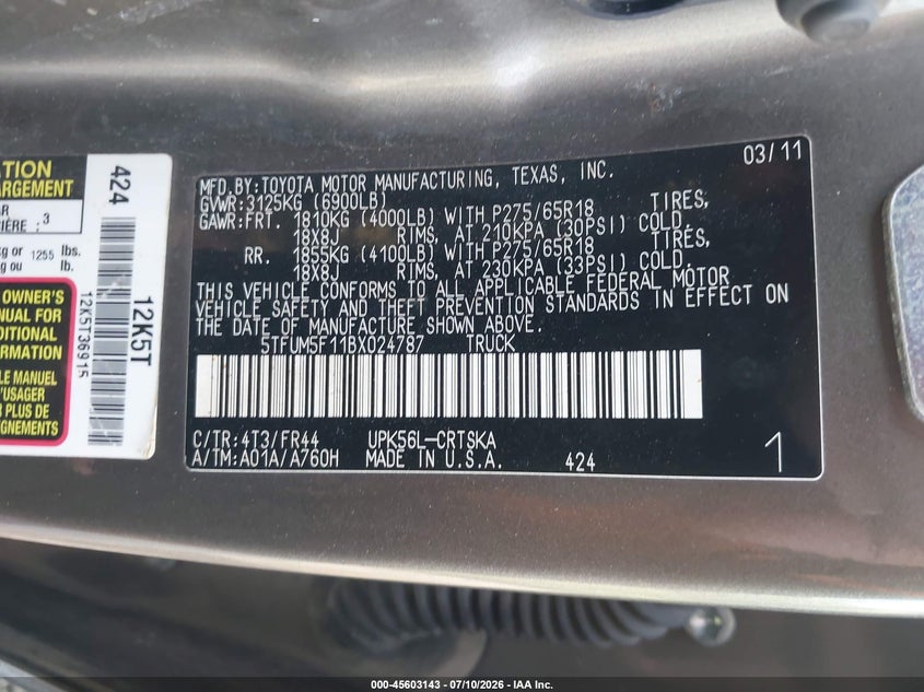 2011 Toyota Tundra VIN 5TFUM5F11BX024787 IAAI salvage auction — LEFT SIDE, Clear (Illinois), sold $2,850 on 2026-07-29 (photo 9)