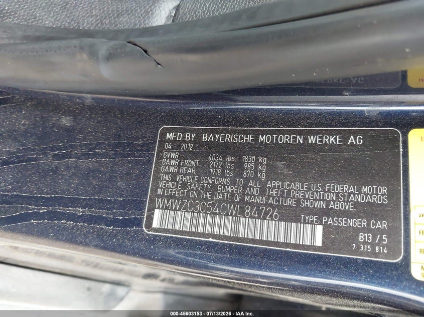 2012 Mini VIN WMWZC3C54CWL84726 IAAI salvage auction — NORMAL WEAR, Original (Texas), sold $500 on 2026-07-28 (photo 9)