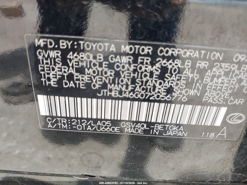 2007 Lexus Es 350 VIN JTHBJ46G072056776 IAAI salvage auction — NORMAL WEAR, Original (Texas), sold $825 on 2026-08-31 (photo 9)