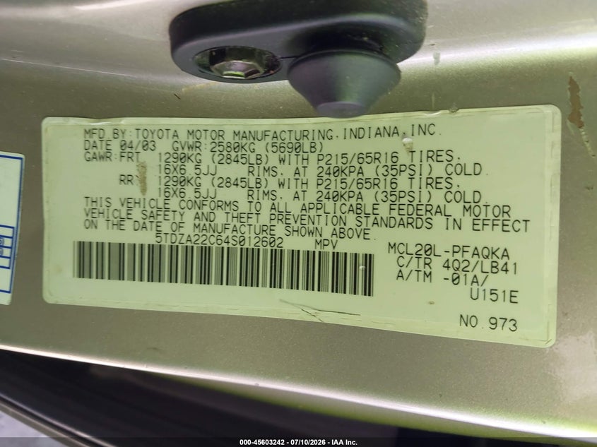 2004 Toyota Sienna VIN 5TDZA22C64S012602 IAAI salvage auction — NORMAL WEAR, Clear - Dealer Only (California), sold $500 on 2026-07-18 (photo 9)