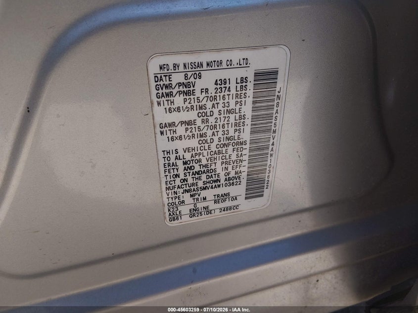 2010 Nissan Rogue sport VIN JN8AS5MV4AW103622 IAAI salvage auction — NORMAL WEAR, Original (Texas), sold $25 on 2026-07-29 (photo 9)