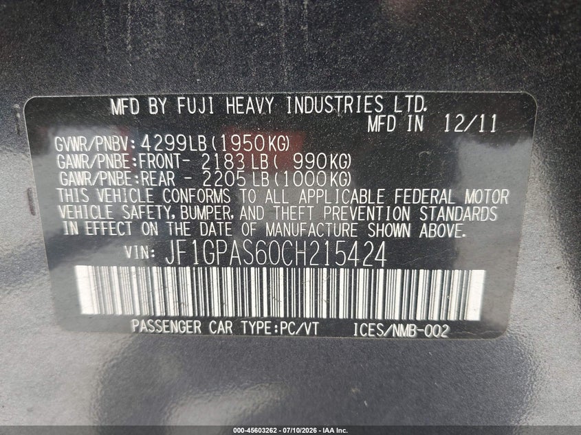 2012 Subaru Impreza VIN JF1GPAS60CH215424 IAAI salvage auction — FRONT END, Salvage Title, sold $175 on 2026-07-28 (photo 9)