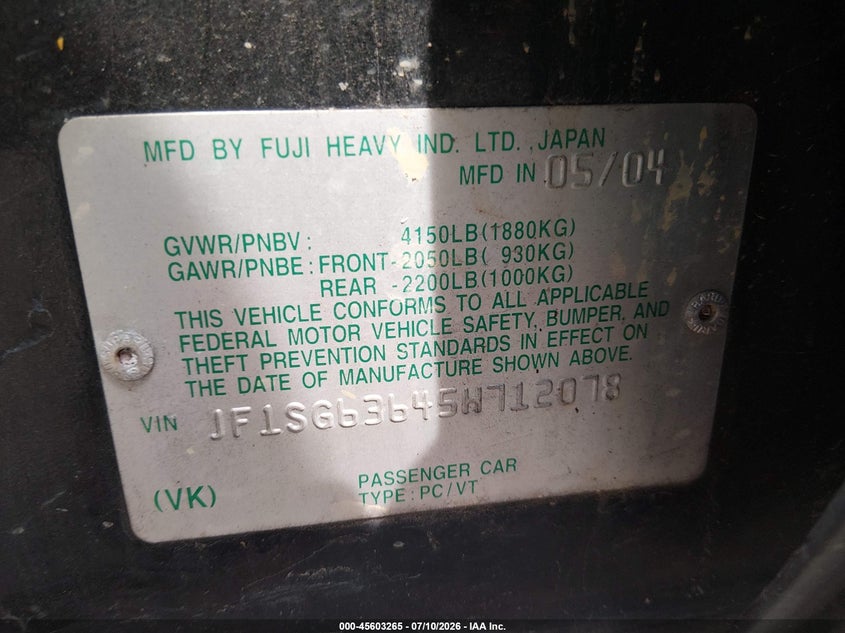 2005 Subaru Forester VIN JF1SG63645H712078 IAAI salvage auction — NORMAL WEAR, Clear (Florida), sold $450 on 2026-07-17 (photo 9)