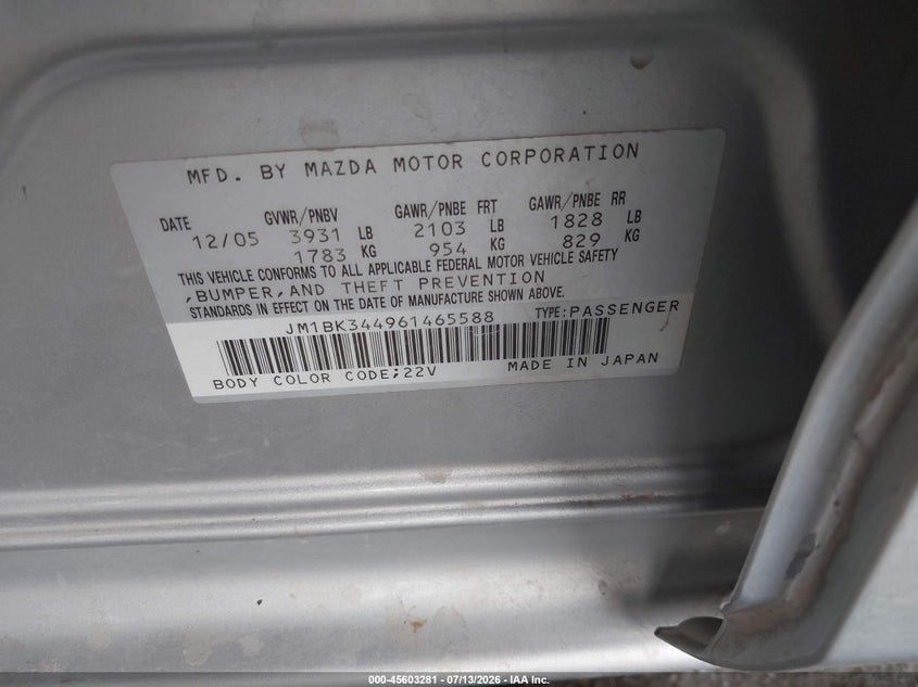 2006 Mazda 3 VIN JM1BK344961465588 IAAI salvage auction — FRONT & REAR, Salvage (California), sold $325 on 2026-07-28 (photo 9)