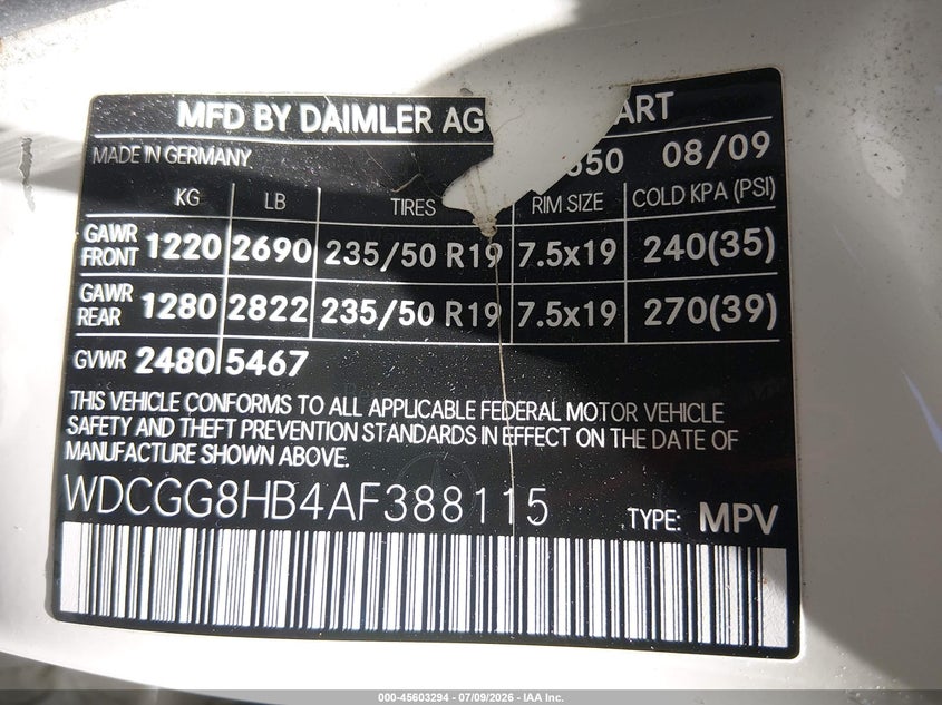 2010 Mercedes-benz Glk-klasse VIN WDCGG8HB4AF388115 IAAI salvage auction — NORMAL WEAR, Clear (Nevada), sold $2,075 on 2026-08-21 (photo 9)