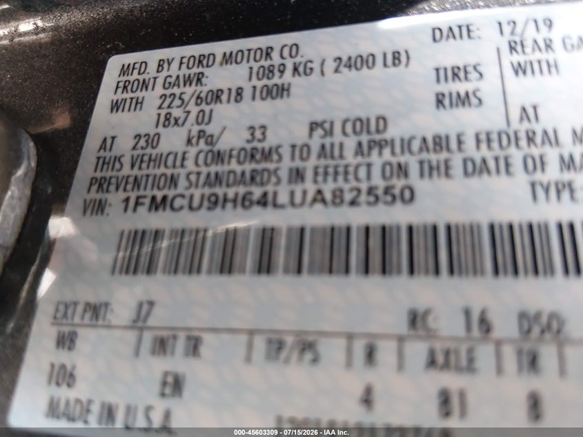 2020 Ford Escape VIN 1FMCU9H64LUA82550 IAAI salvage auction — FRONT & REAR, Salvage Title, sold $2,850 on 2026-08-22 (photo 9)