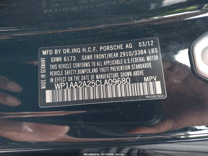 2012 Porsche Cayenne VIN WP1AA2A25CLA09680 IAAI salvage auction — FRONT END, Salvage (Georgia), sold $1,300 on 2026-08-12 (photo 9)
