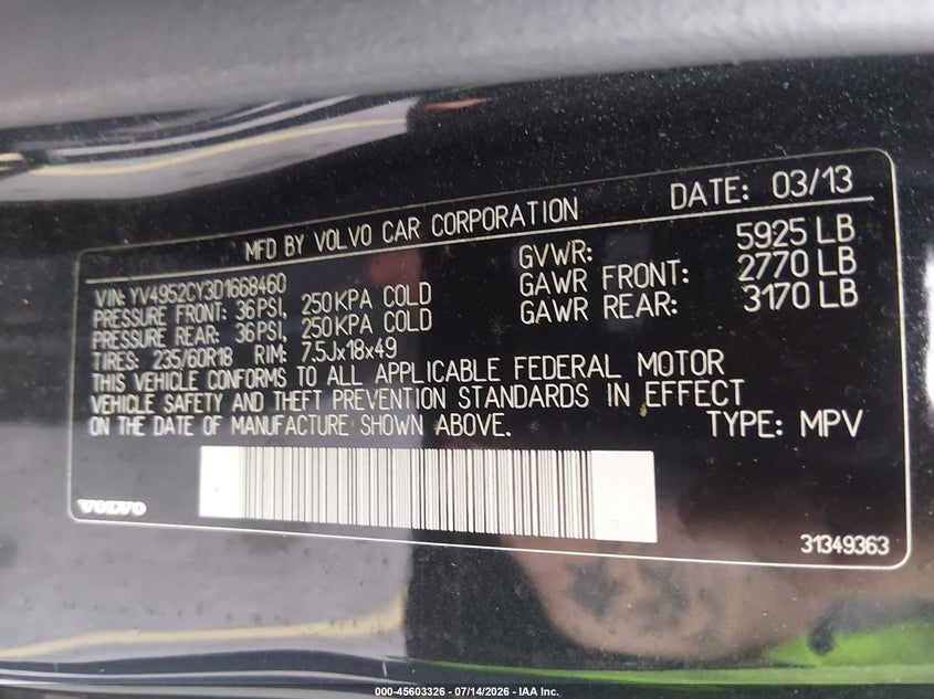 2013 Volvo Xc90 VIN YV4952CY3D1668460 IAAI salvage auction — NORMAL WEAR, Clear (South Carolina), sold $800 on 2026-07-22 (photo 9)