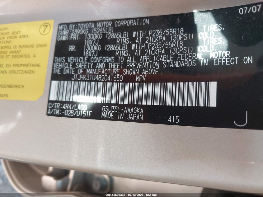 2008 Lexus Rx 350 VIN JTJHK31U482041650 IAAI salvage auction — UNKNOWN, Salvage (Arizona), sold $575 on 2026-07-28 (photo 9)