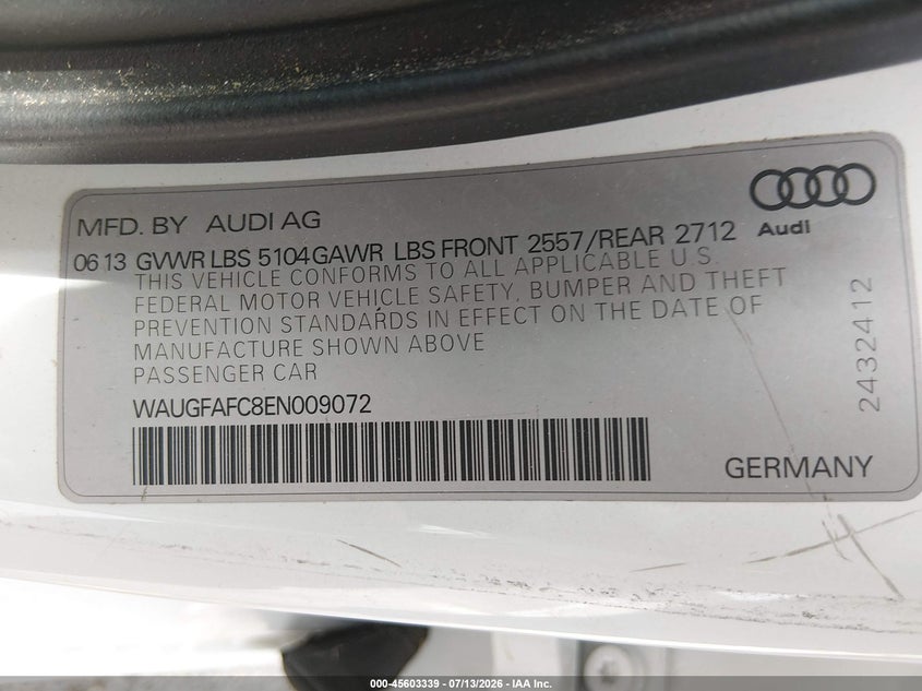 2014 Audi A6 VIN WAUGFAFC8EN009072 IAAI salvage auction — NORMAL WEAR, Original (Texas), sold $1,575 on 2026-07-29 (photo 9)