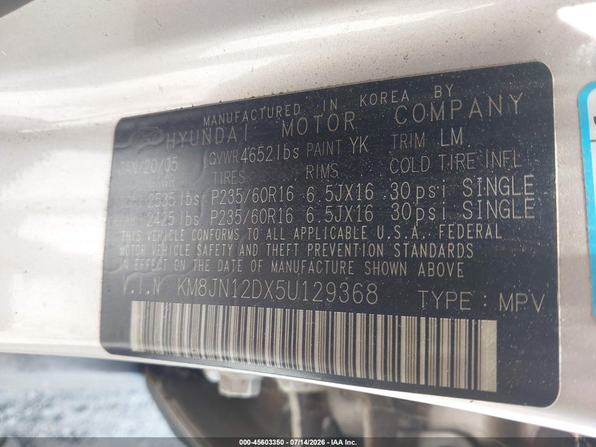 2005 Hyundai Tucson VIN KM8JN12DX5U129368 IAAI salvage auction — NORMAL WEAR, Clear, sold $225 on 2026-07-21 (photo 9)