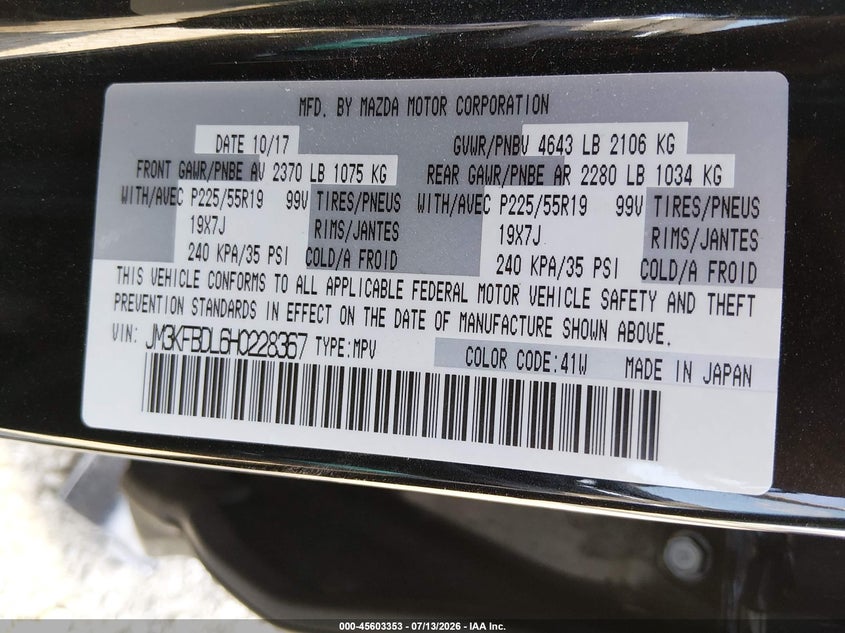 2017 Mazda Cx-5 VIN JM3KFBDL6H0228367 IAAI salvage auction — FRONT END, Salvage Title, sold $2,850 on 2026-08-23 (photo 9)