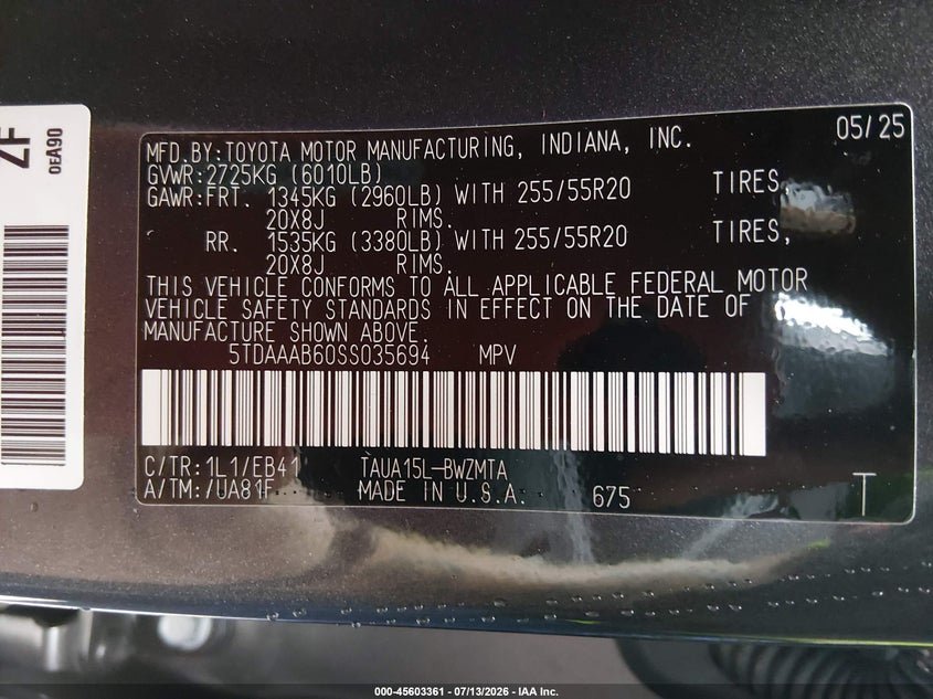 2025 Lexus Tx VIN 5TDAAAB60SS035694 IAAI salvage auction — FRONT END, Salvage (West Virginia), sold $17,500 on 2026-09-16 (photo 9)
